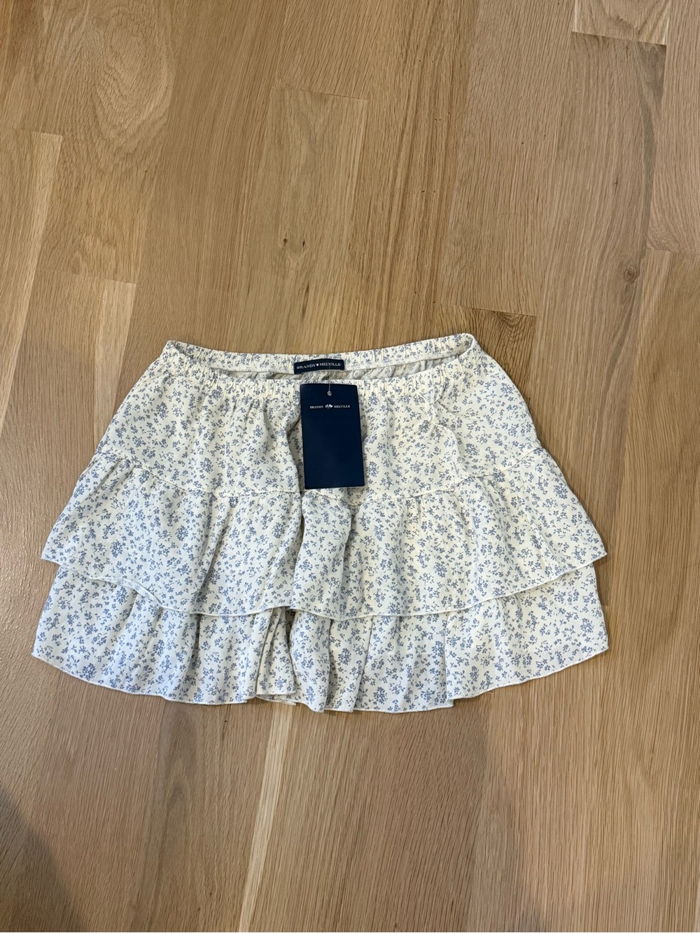 Brandy Melville Floral Ruffle Mini Skirt - Cream with Blue Flowers